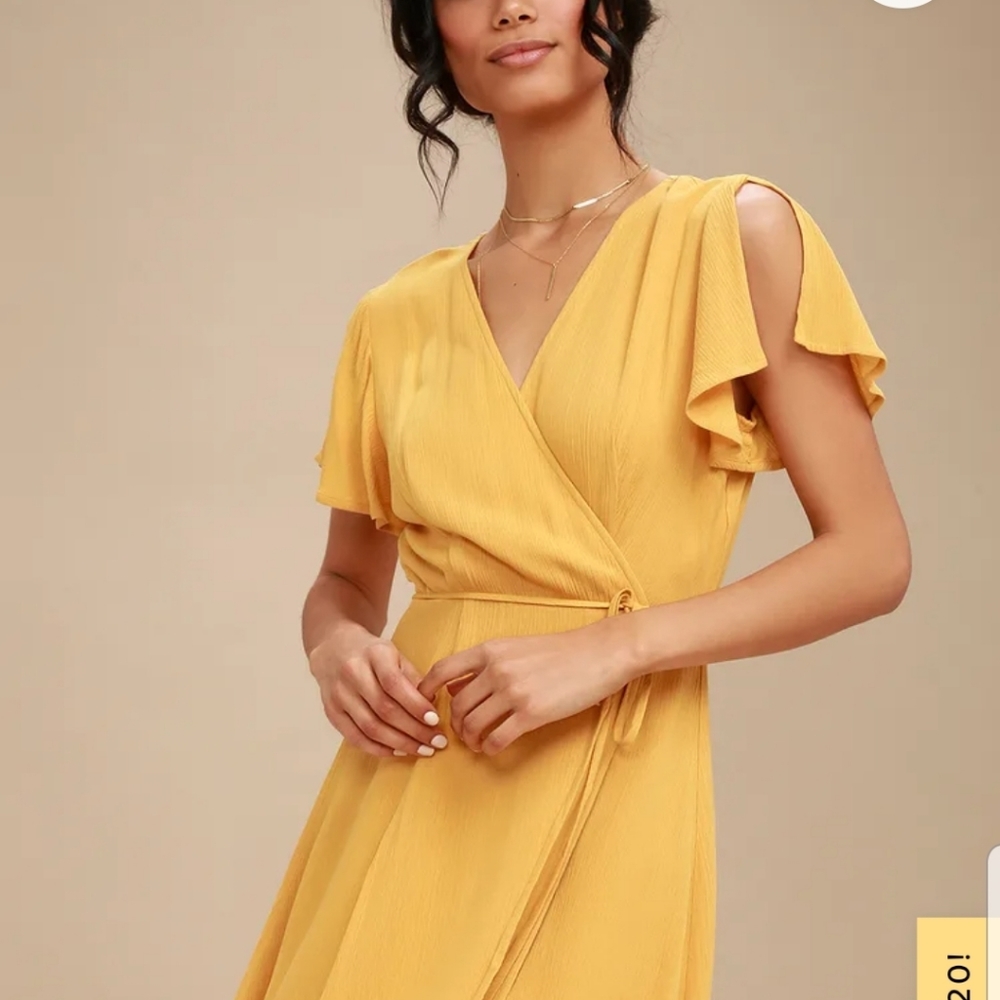 Yellow wrap dress.